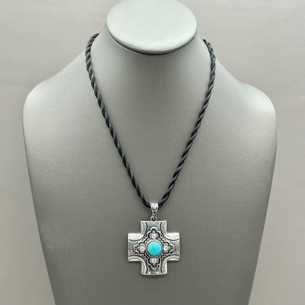 Cross Pendant Necklace Women Black Silver Turquoise Southwest Western Bohemian